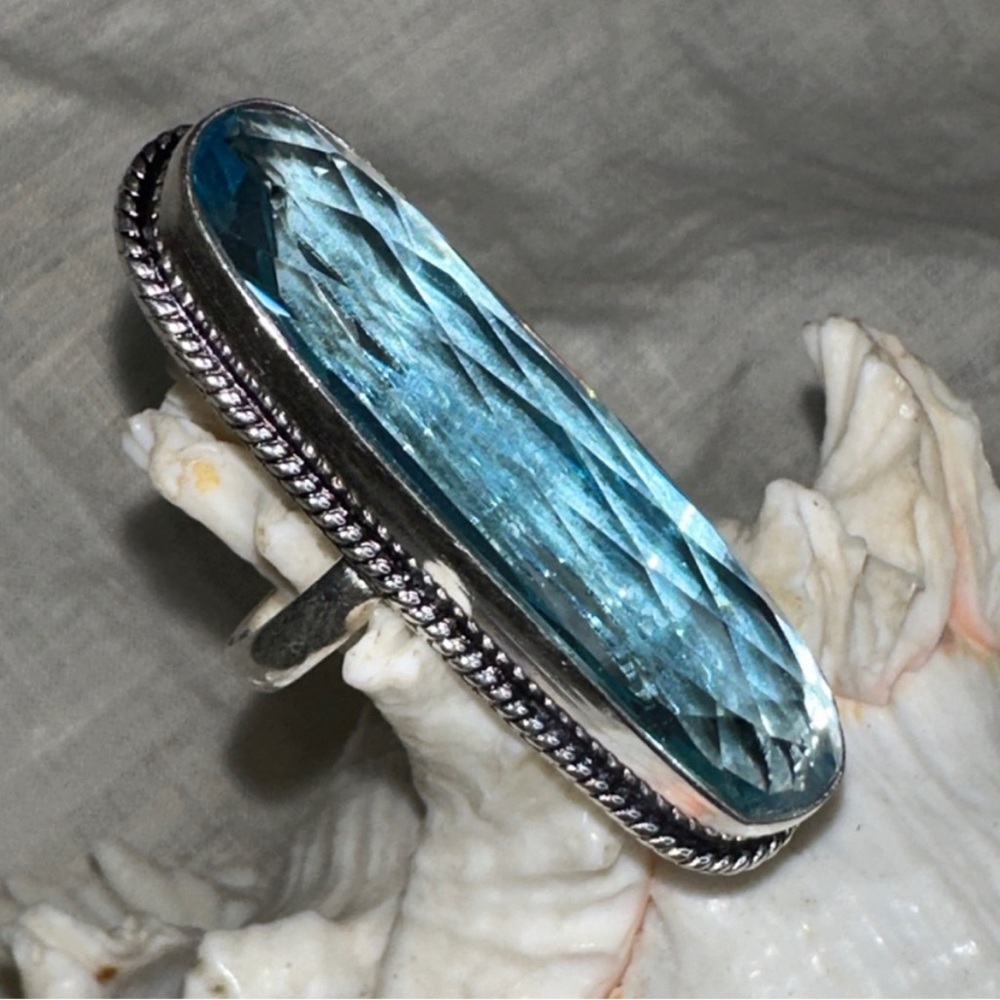 Blue Topaz Pillbox Vintage Inspired Elongated Statement Ring